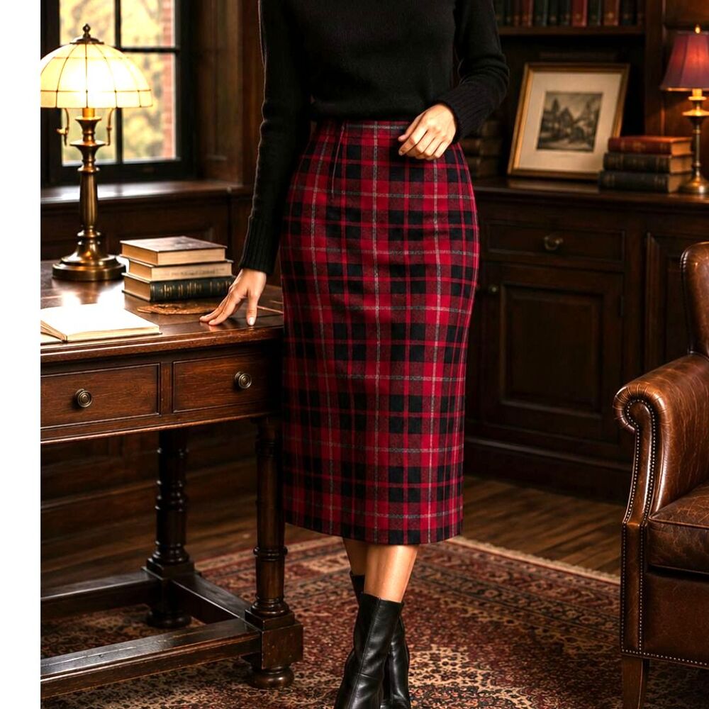 Vintage Talbots Red Plaid Wool Midi Skirt Black Tartan Holiday Pencil Skirt W29